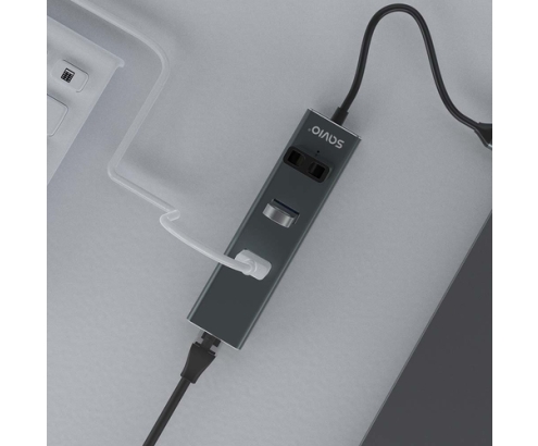 Savio AK-57 USB-C - 3 x USB-A HUB with RJ-45 Gigabit Ethernet adapter 5000 Mbit/s grey 2 x USB 3.2 Gen 2 (3.1 Gen 2) Type-C 1000 Mbit/s