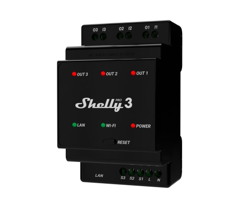 Shelly Pro 3 alimentación del relé Negro