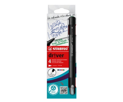STABILO dr!ver rotulador de punta fina Fino Negro, Azul, Verde, Rojo 4 pieza(s)