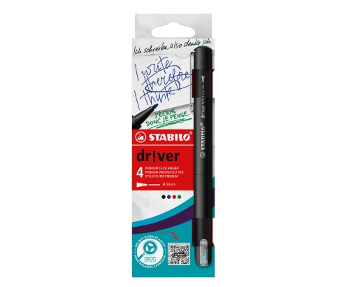 STABILO dr!ver rotulador de punta fina Medio Negro, Azul, Verde, Rojo 4 pieza(s)
