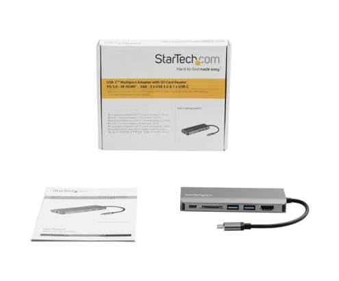 StarTech.com Adaptador Multipuertos USB-C - Docking Station USB Tipo C a HDMI 4K - Hub Ladrón USB 3.0 2 Puertos - SDHC - GbE - PD3 - DKT30CSDHPD3