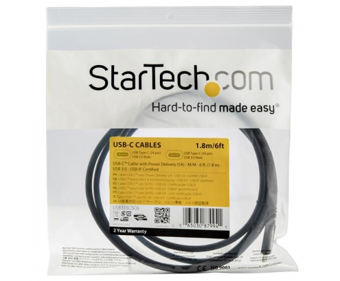StarTech.com Cable de 1.8m USB-C a USB-C con capacidad para Entrega de Alimentación de 5A - macho a macho - negro