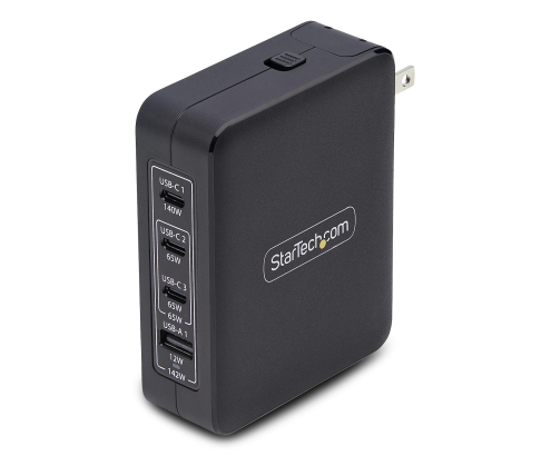 StarTech.com Cargador USB-C/USB-A de Pared GaN PD de 140W - 3x USB-C/1x USB-A - Cargador Internacional para Portátil MacBook/Dell XPS/Inspiron - Carg