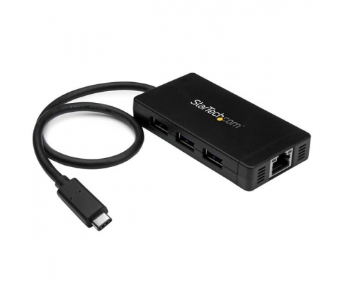 StarTech.com Hub Concentrador USB 3.0 de 3 Puertos con USB-C y Ethernet Gigabit - Con Adaptador de Alimentación Negro