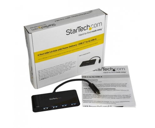 StarTech.com Hub Concentrador USB 3.0 de 4 Puertos con PD Entrega de Potencia - Adaptador USB-C a 4x USB-A - Negro