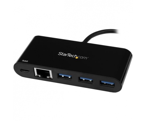 StarTech.com Hub Concentrador USB 3.0 USB-C de 3 Puertos con Ethernet Gigabit y Entrega de Potencia - Ladrón USB C con Puerto de Red Negro