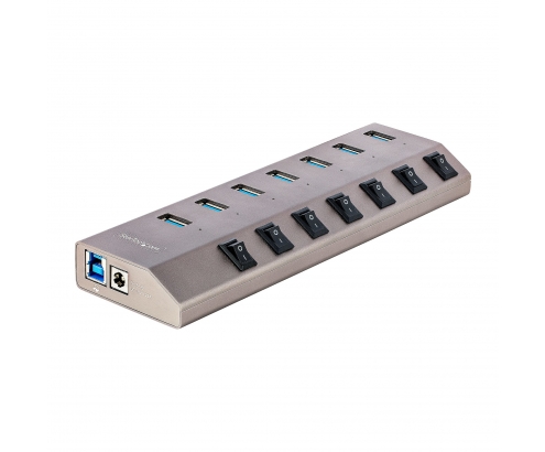 StarTech.com Hub USB-C Autoalimentado de 7 puertos con Interruptores Individuales - Concentrador USB 3.0 a 5 Gbps con Fuente de Alimentación - Ladró