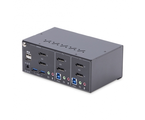 StarTech.com Switch KVM de 2 Puertos DisplayPort para 2 Monitores - Conmutador KVM 4K60Hz - Hub Ladrón 2x USB 5Gb - Hub 2x USB 2.0 - Teclas de Acceso