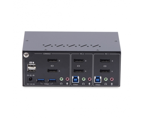 StarTech.com Switch KVM de 2 Puertos DisplayPort para 2 Monitores - Conmutador KVM 4K60Hz - Hub Ladrón 2x USB 5Gb - Hub 2x USB 2.0 - Teclas de Acceso