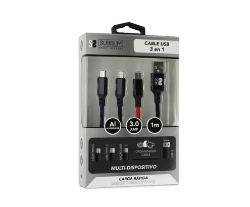 SUBBLIM Cable Premium 3 in 1 USB A - (Micro USB+Type C+Lightning) 1 m Negro, Azul, Rojo