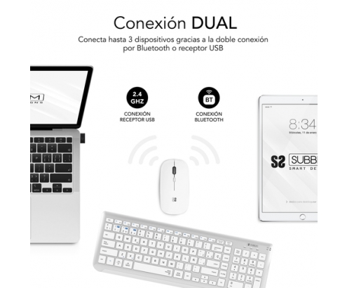 SUBBLIM Teclado con Ratón Bluetooth + 2.4G Combo Dual Prestige Extendido Plata/Blanco