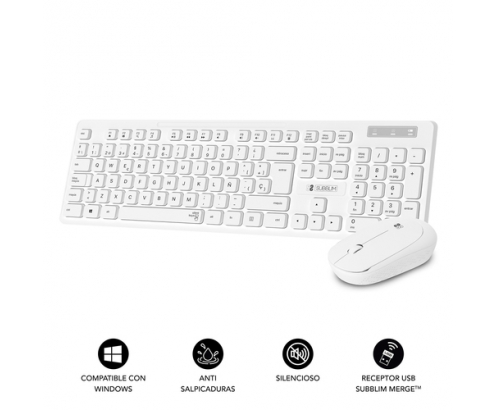 SUBBLIM Teclado Ergonómico y ratón Combo Business Slim Silencioso Inalámbrico 2.4G Blanco