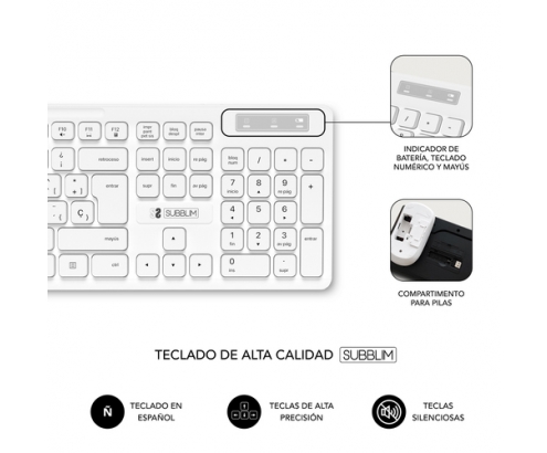 SUBBLIM Teclado Ergonómico y ratón Combo Business Slim Silencioso Inalámbrico 2.4G Blanco