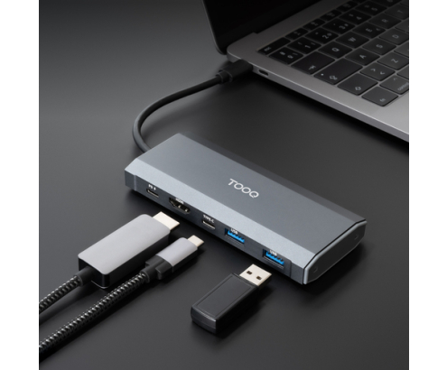 TooQ Caja externa para SSD M.2 NGFF/NVMe + HUB USB 3.2 Gen2 con 1xUSB-C/PD + 2xUSB-A + USB-C + HDMI, Gris