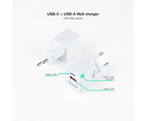 TooQ Cargador de Pared USB-C/PD + USB-A/QC 20W, Blanco