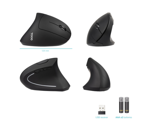 TooQ Ratón Inalámbrico Ergonómico Vertical 3200 DPI, 6 botones, Negro