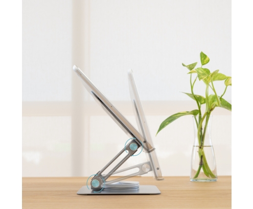 TooQ Soporte de Sobremesa con rotación 360° y ajustable para dispositivos de hasta 13”, Color Plata