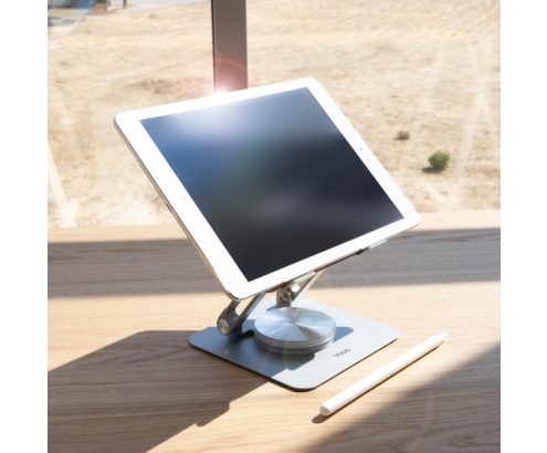 TooQ Soporte de Sobremesa con rotación 360° y ajustable para dispositivos de hasta 13”, Color Plata