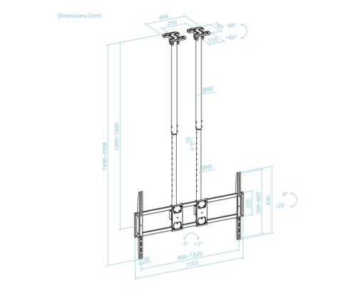 TooQ Soporte de Techo Extensible con doble mástil para Pantallas 60”-120