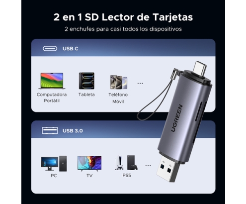 Ugreen 50706 lector de tarjeta USB/Micro-USB Plata