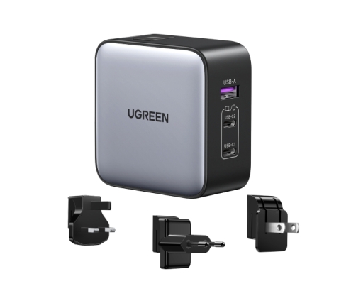 Ugreen 65W Nexode GaN Auriculares, Teléfono móvil, Portátil, Reloj inteligente, Tableta Gris USB Carga rápida Interior