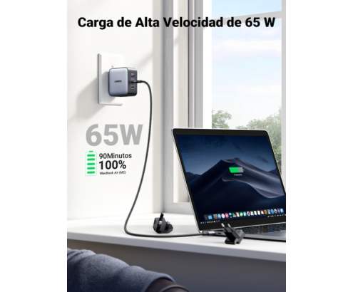 Ugreen 65W Nexode GaN Auriculares, Teléfono móvil, Portátil, Reloj inteligente, Tableta Gris USB Carga rápida Interior