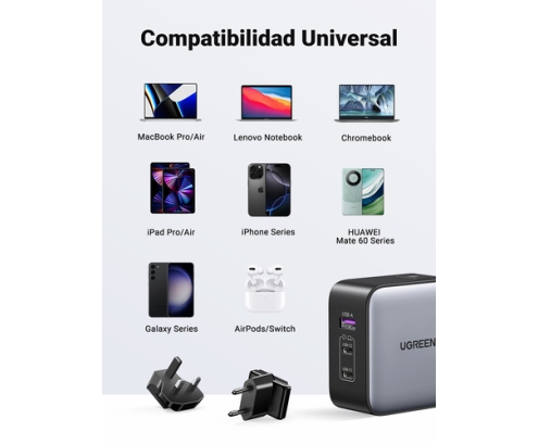 Ugreen 65W Nexode GaN Auriculares, Teléfono móvil, Portátil, Reloj inteligente, Tableta Gris USB Carga rápida Interior