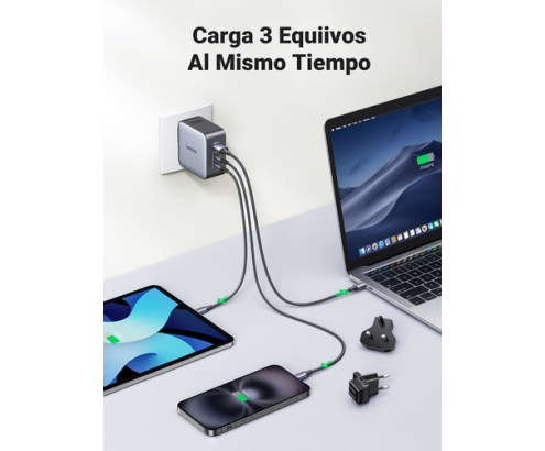 Ugreen 65W Nexode GaN Auriculares, Teléfono móvil, Portátil, Reloj inteligente, Tableta Gris USB Carga rápida Interior