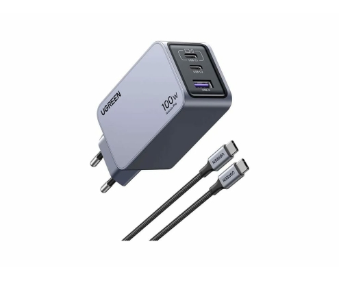 Ugreen Nexode Pro EU 3-Port GaN PD Fast Charger With USB-C Cable Universal Negro, Gris Corriente alterna Carga rápida Interior