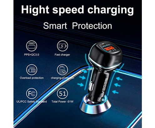 Veger Cargador Coche USB-A y USB-C 51W PD30W + QC18W