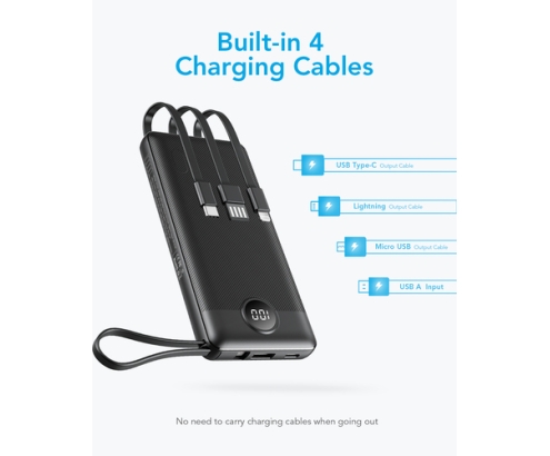 Veger VG-W2059 Power Bank 20.000 mAh Con 4 cables USB-C Micro USB 8 Pin USB-A