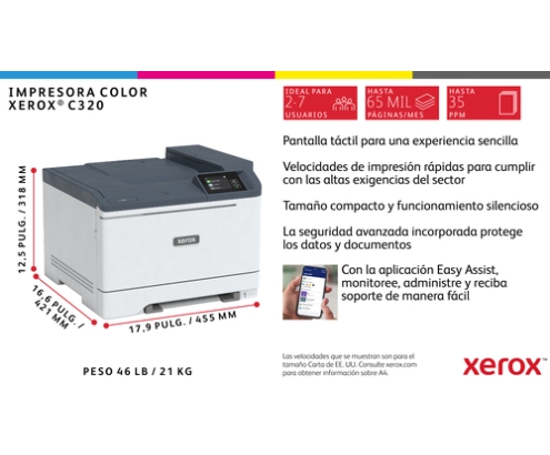 Xerox C320 A4 33 ppm Impresora inalámbrica a doble cara PS3 PCL5e/6 2 bandejas Total 251 hojas